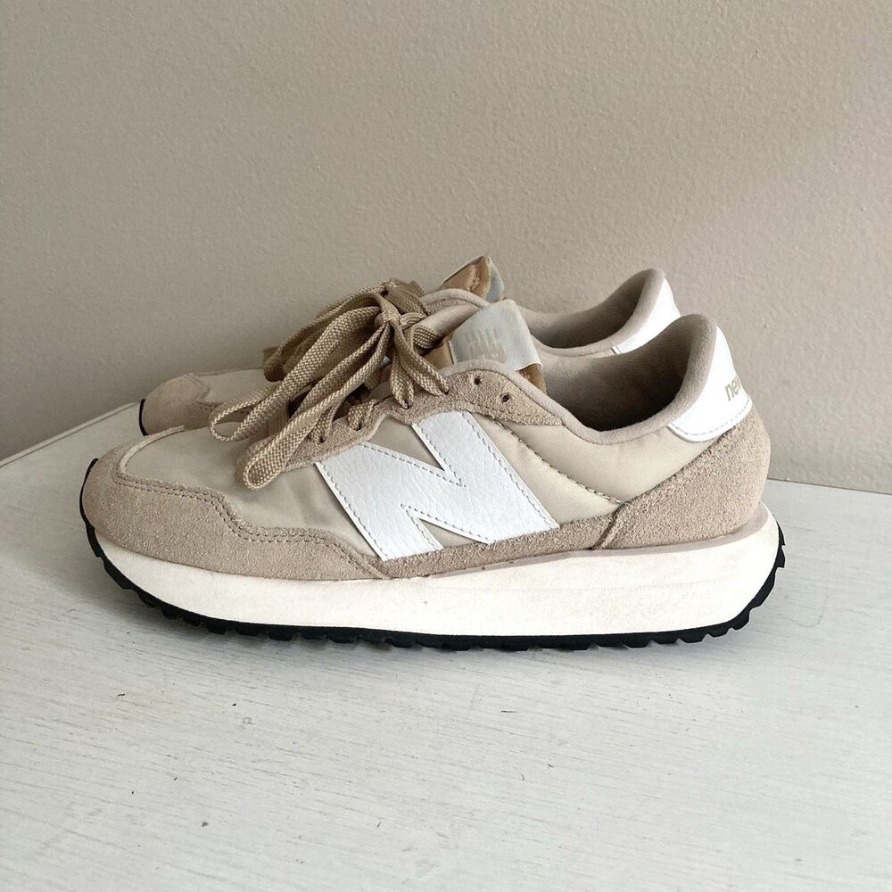 New Balance Beige and White Retro Athletic Sneakers